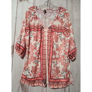 Suzanne Betro Womens L Paisley Print V Neck 3/4 Sleeve Top Coral White